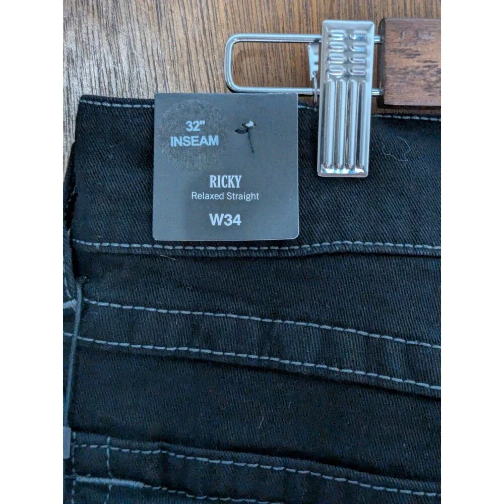NWT True Religion Ricky Flap Pocket Relaxed Straight Rinse Black Jeans 34x32